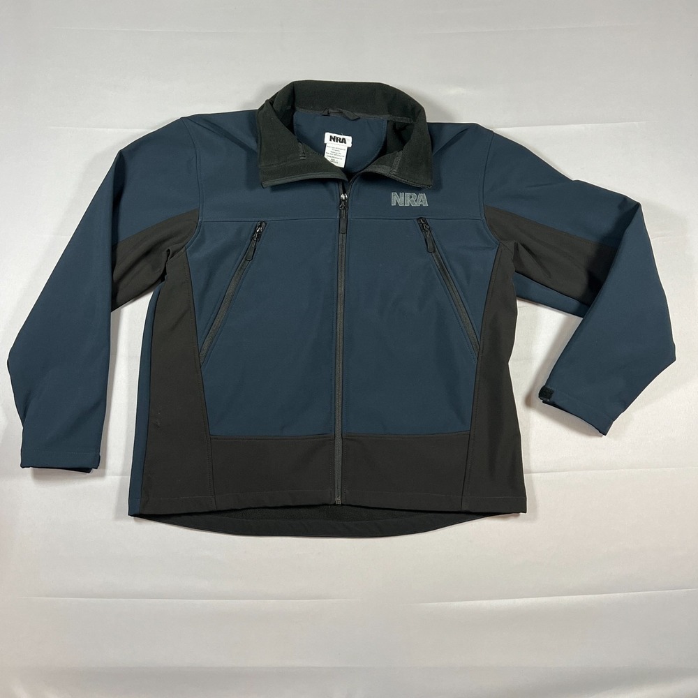 NRA Windbreaker Jacket Mens Large Blue Black Softshell Full‎ Zip Water Resistant